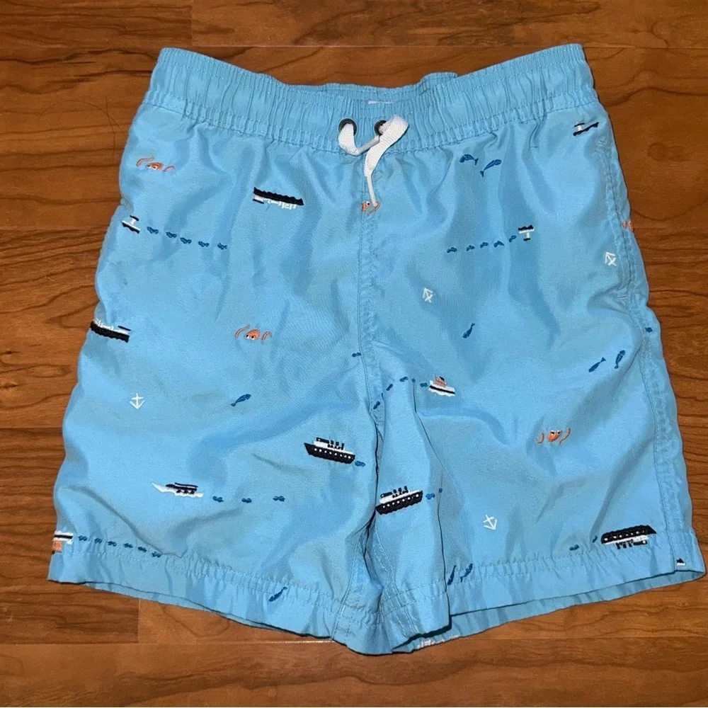 HANNA ANDERSSON Sunblock Embroidered Swim Trunks Blue Boats‎ size 5 or 110